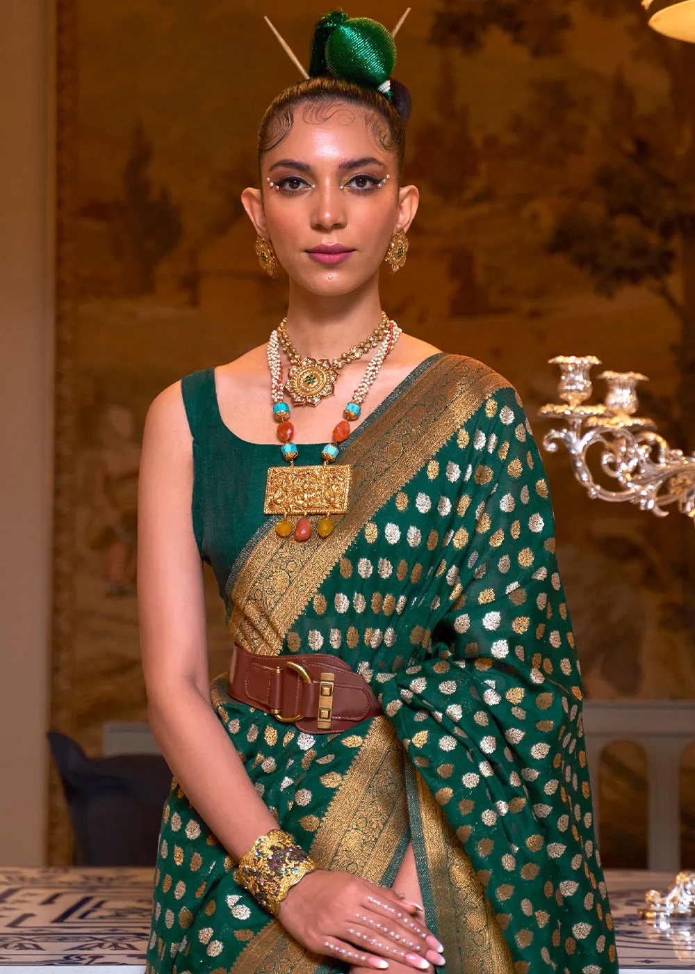 Sacramento Green Copper Zari Woven Banarasi Khaddi Silk Saree