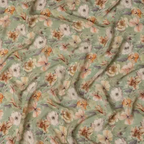 Sage Green Viscose Digital Printed Fabric with Floral Motif Design, 110 cm Width-D21326