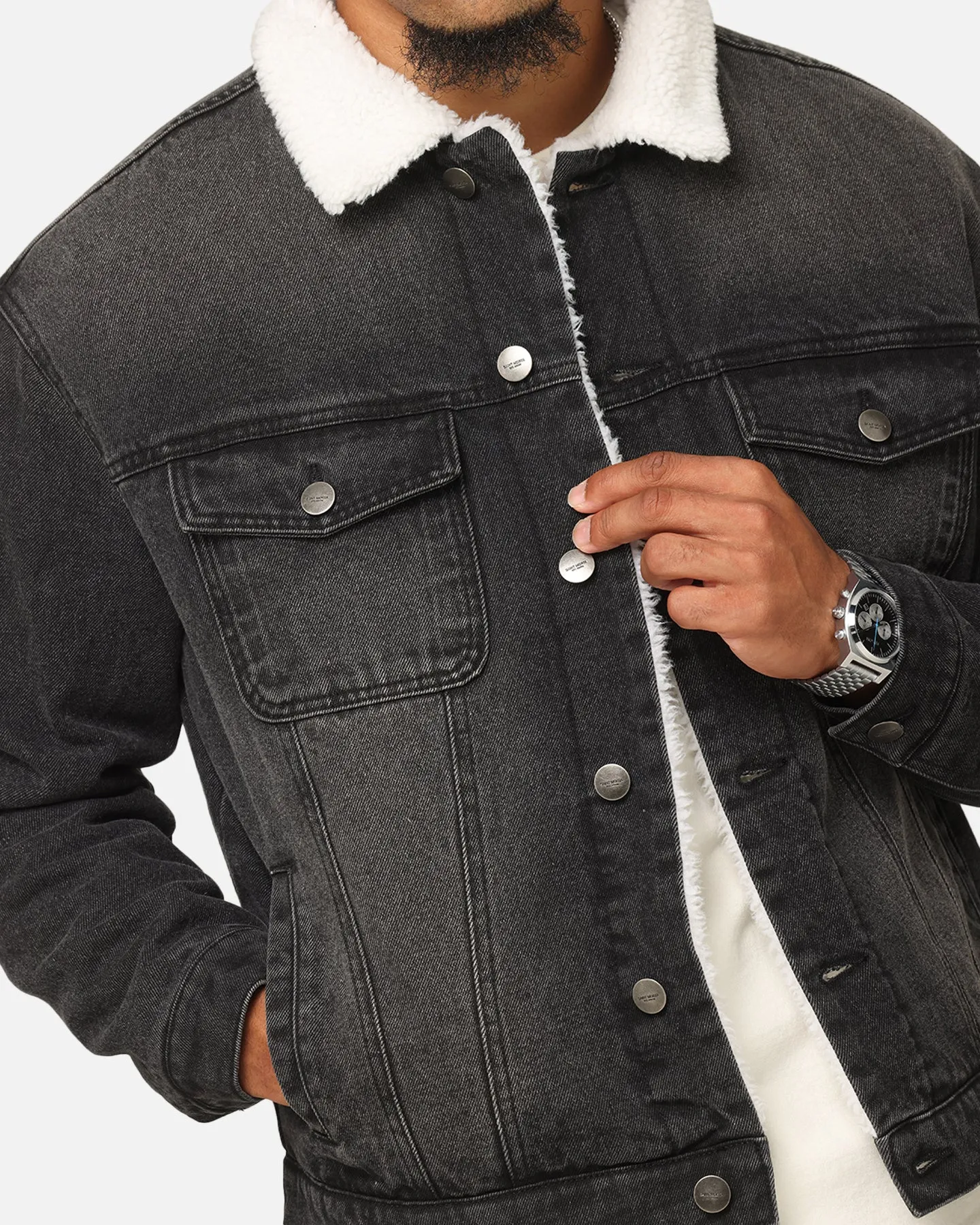 Saint Morta Sherpa Boxy Denim Jacket Black Shadow