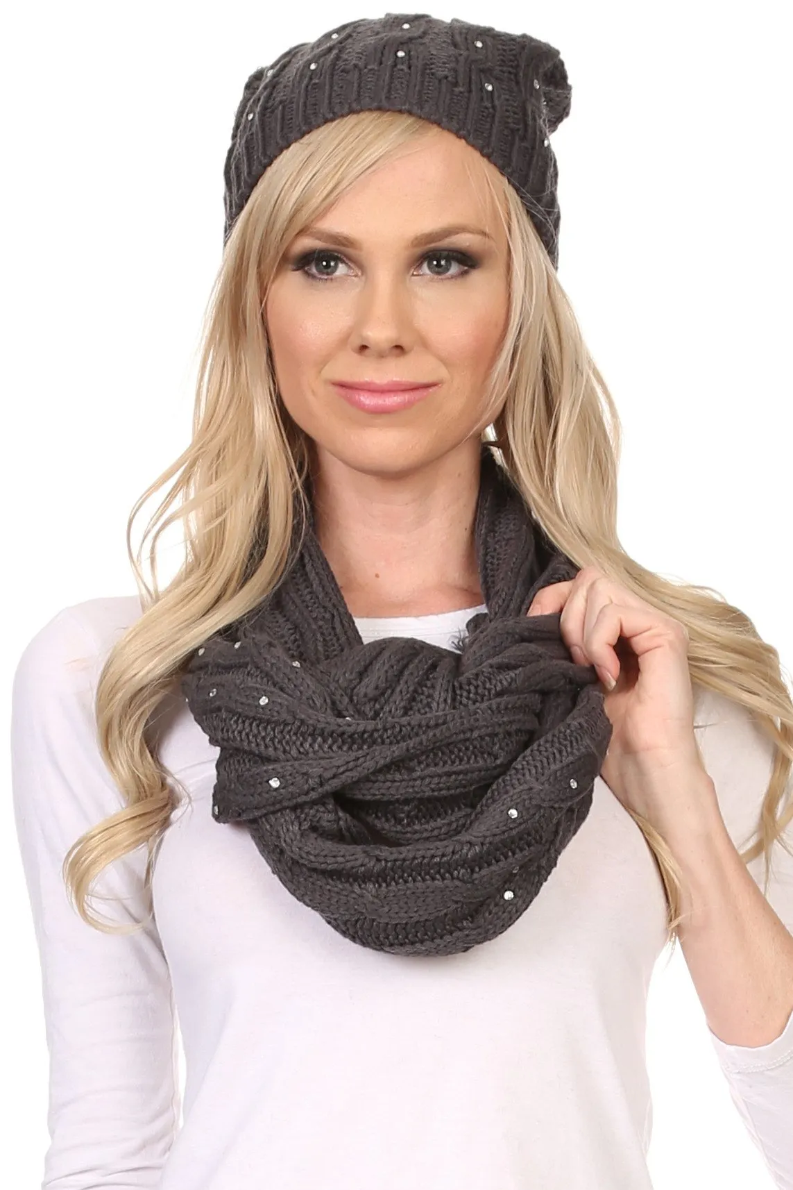 Sakkas Kae Jewel Studded Cable Knit Beanie Hat And Scarf Set