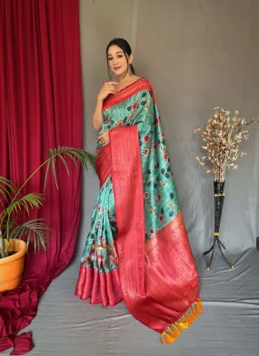 Sea Green Saree in Banarasi Silk with Kalamkari Prints