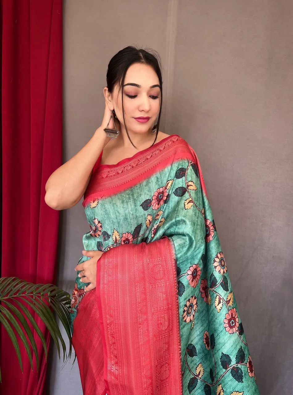 Sea Green Saree in Banarasi Silk with Kalamkari Prints