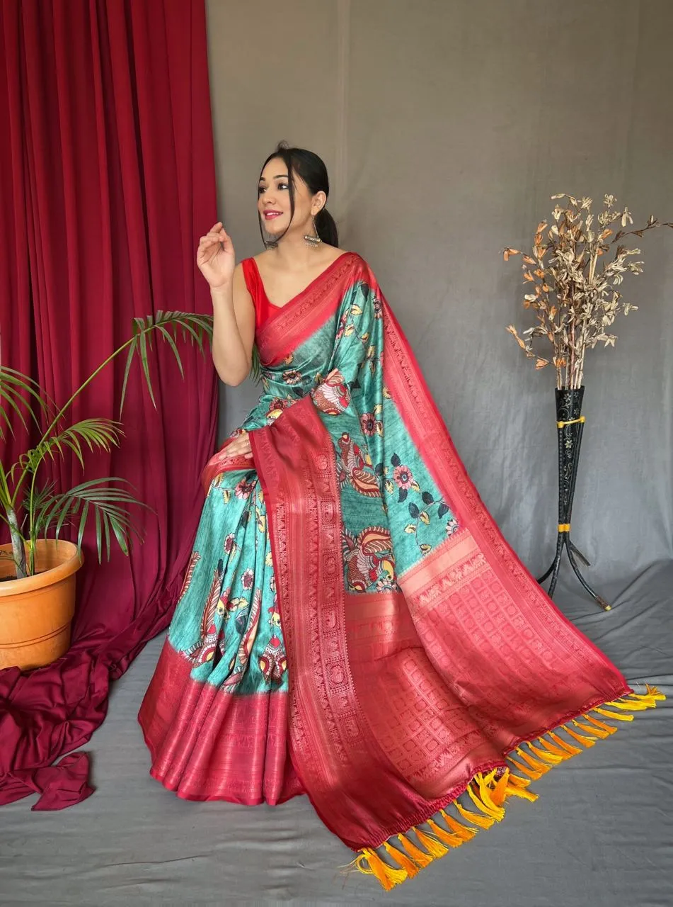 Sea Green Saree in Banarasi Silk with Kalamkari Prints