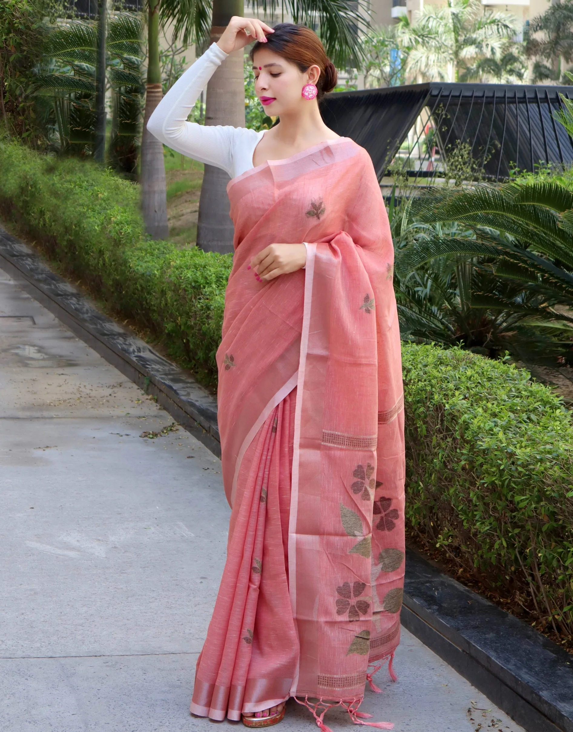 Sea Pink Saree in Pure Linen Copper Woven