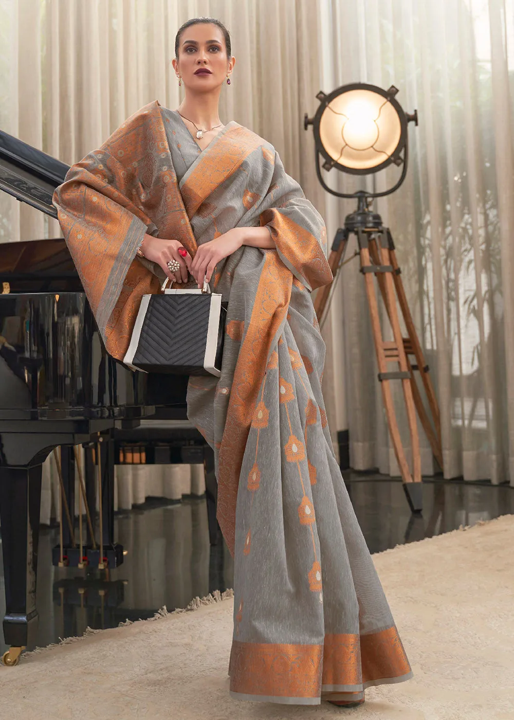 Seal Grey Copper Zari Woven Linen Silk Saree