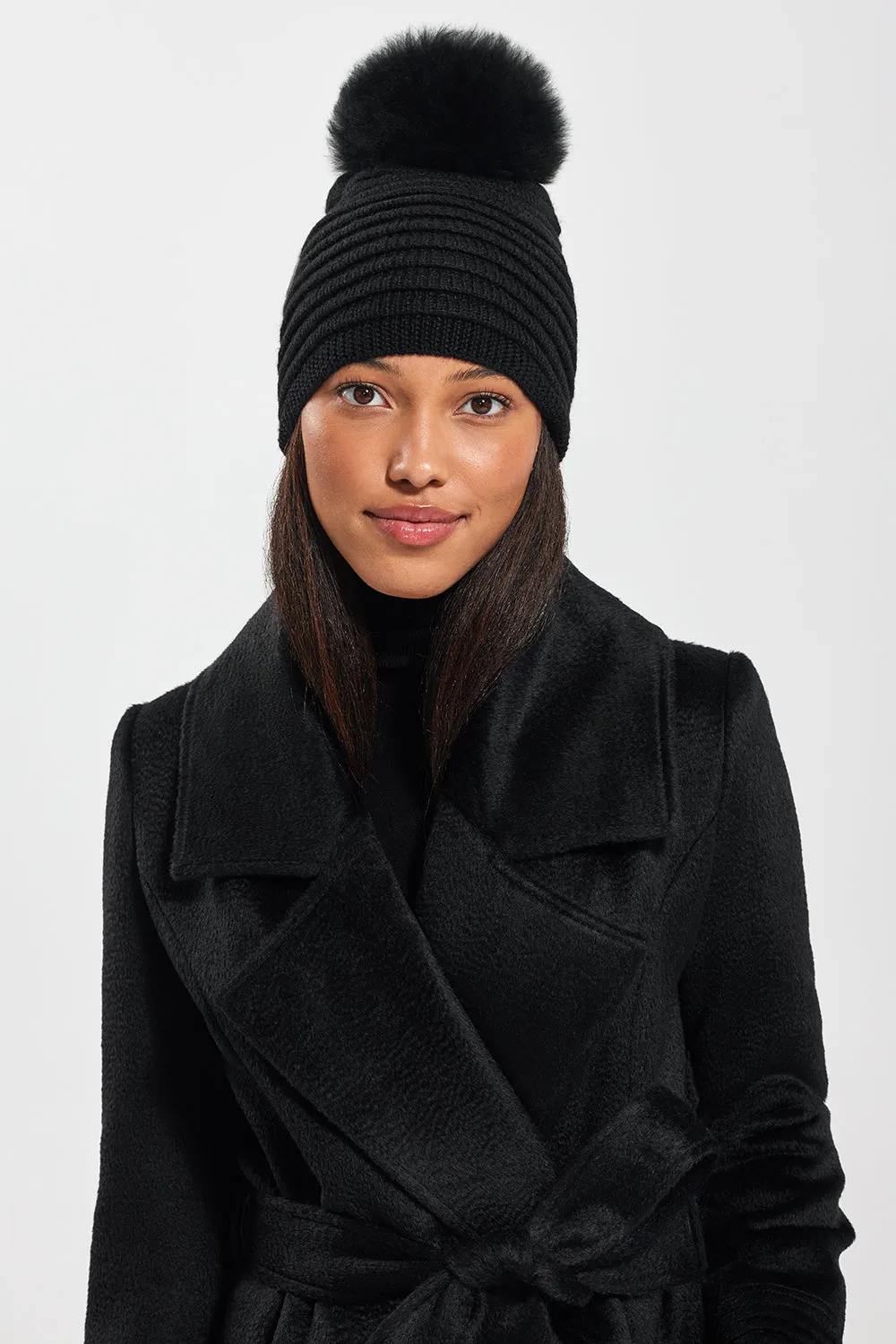 SENTALER BLACK ADULT RIBBED HAT WITH OVERSIZED FUR POMPON