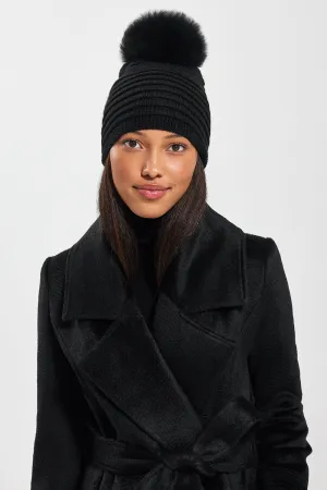 SENTALER BLACK ADULT RIBBED HAT WITH OVERSIZED FUR POMPON