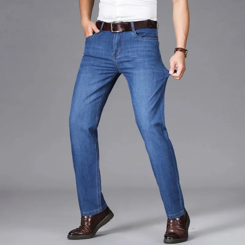 SHAN BAO Spring and Summer Brand Fitted Straight Lightweight Jeans Classic Business Casual High Waist Men's Thin Stretch Jeans