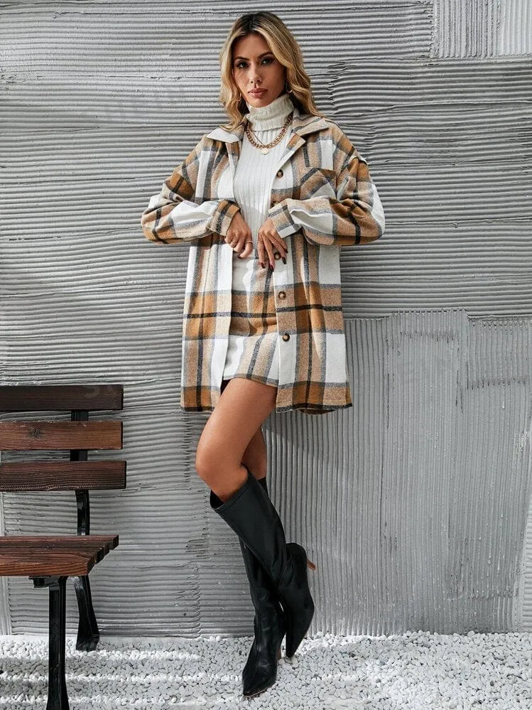 SHEIN -  Plaid Print Button Front Overcoat & Skirt