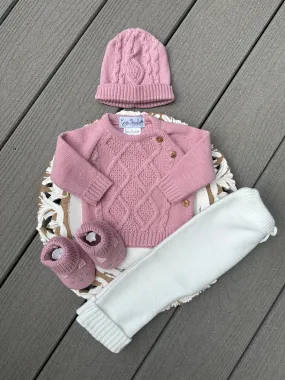 Side Buttons Knit Rhombus With Pants And Bunny Shoes in Old Pink and Ivory