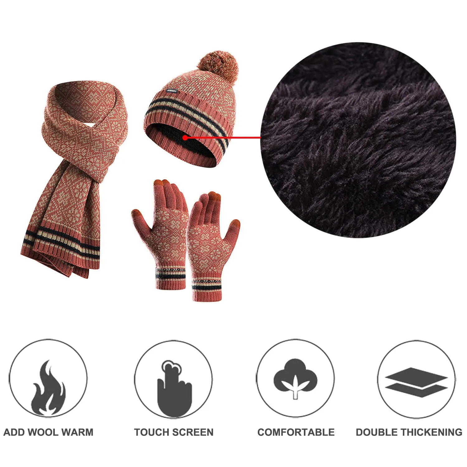 Sidiou Group Winter Women Soft Warm Lining Knitted Beanie Hat Long Scarf Touch Screen Gloves 3 Pcs Set for Outdoor