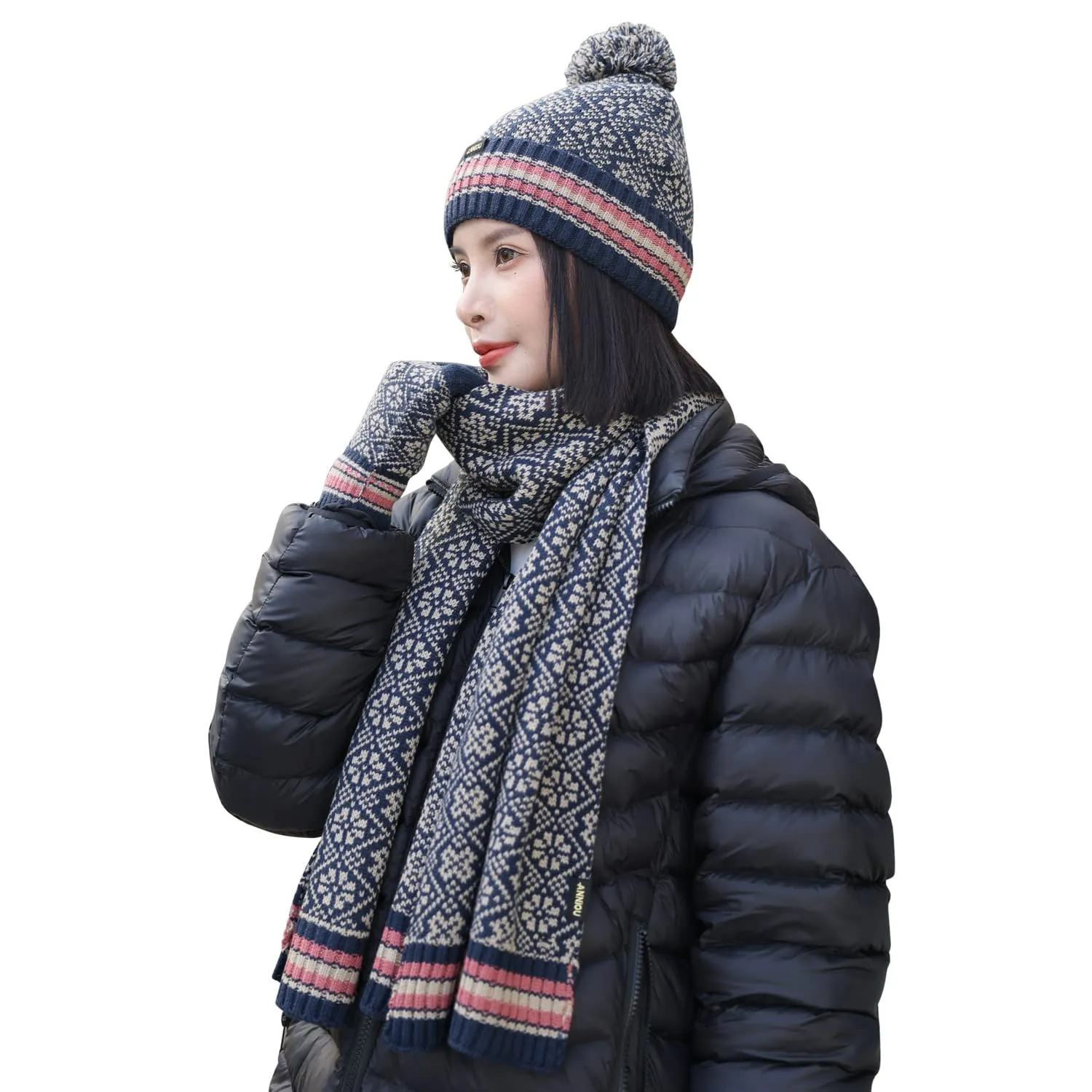 Sidiou Group Winter Women Soft Warm Lining Knitted Beanie Hat Long Scarf Touch Screen Gloves 3 Pcs Set for Outdoor