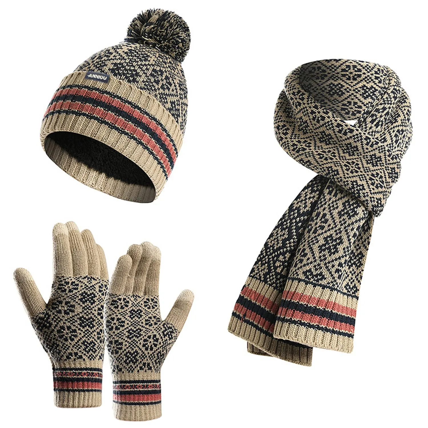 Sidiou Group Winter Women Soft Warm Lining Knitted Beanie Hat Long Scarf Touch Screen Gloves 3 Pcs Set for Outdoor