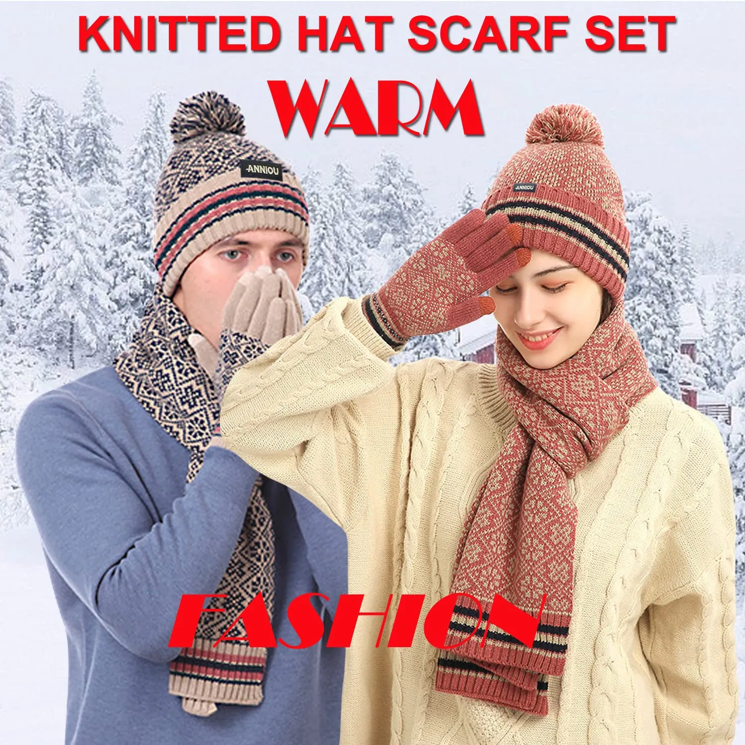 Sidiou Group Winter Women Soft Warm Lining Knitted Beanie Hat Long Scarf Touch Screen Gloves 3 Pcs Set for Outdoor