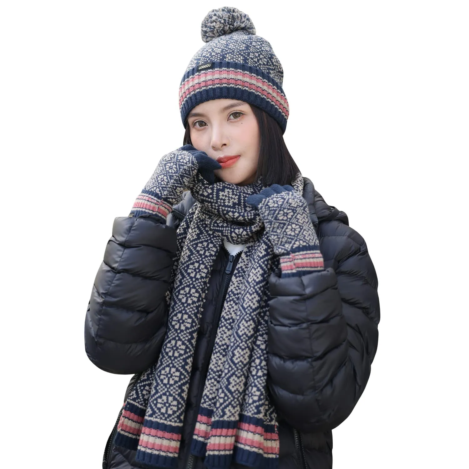 Sidiou Group Winter Women Soft Warm Lining Knitted Beanie Hat Long Scarf Touch Screen Gloves 3 Pcs Set for Outdoor