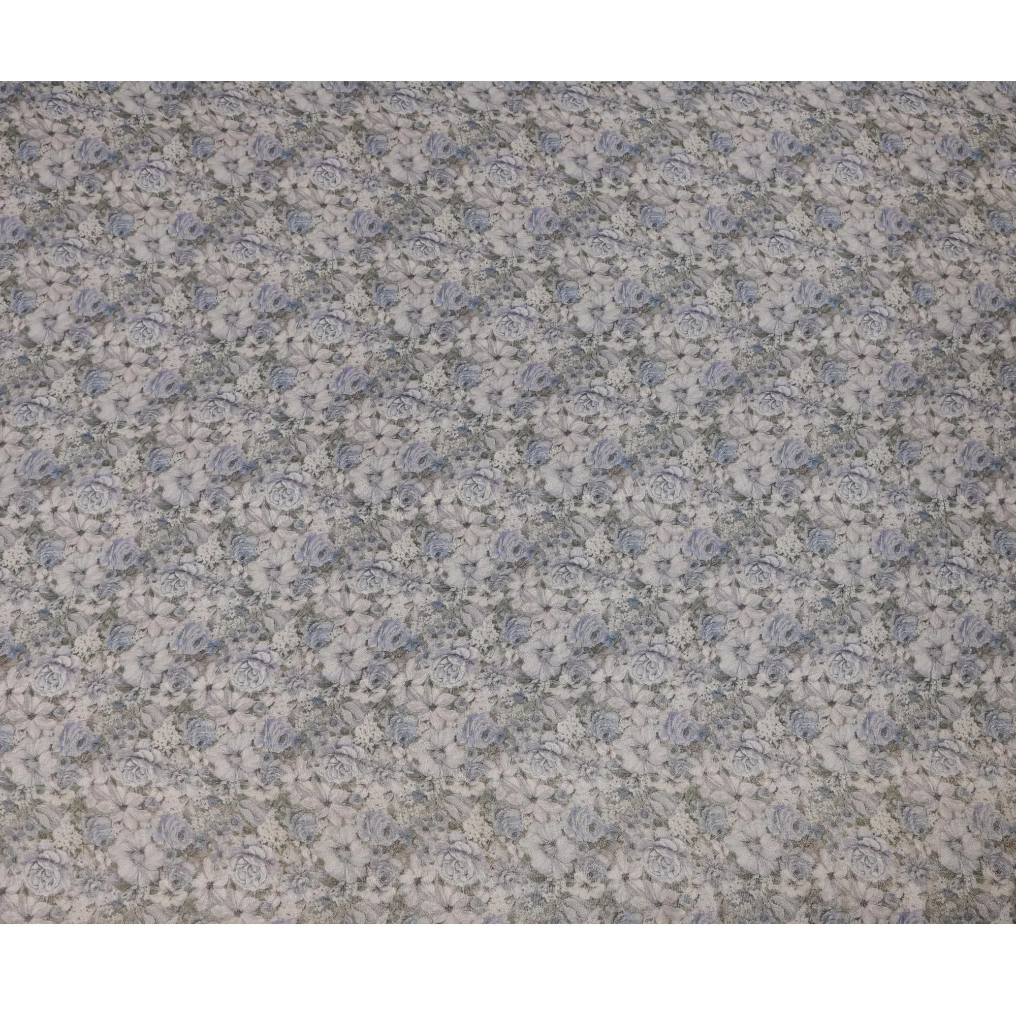 Silver Blue Viscose Digital Printed Fabric with Metallic Finish and Floral Pattern, 110 cm Width-D21332