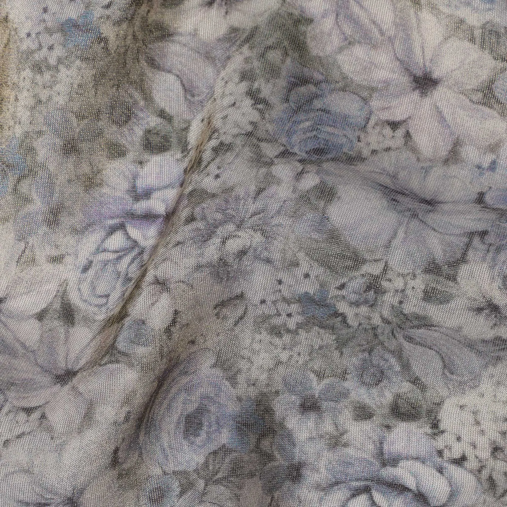 Silver Blue Viscose Digital Printed Fabric with Metallic Finish and Floral Pattern, 110 cm Width-D21332