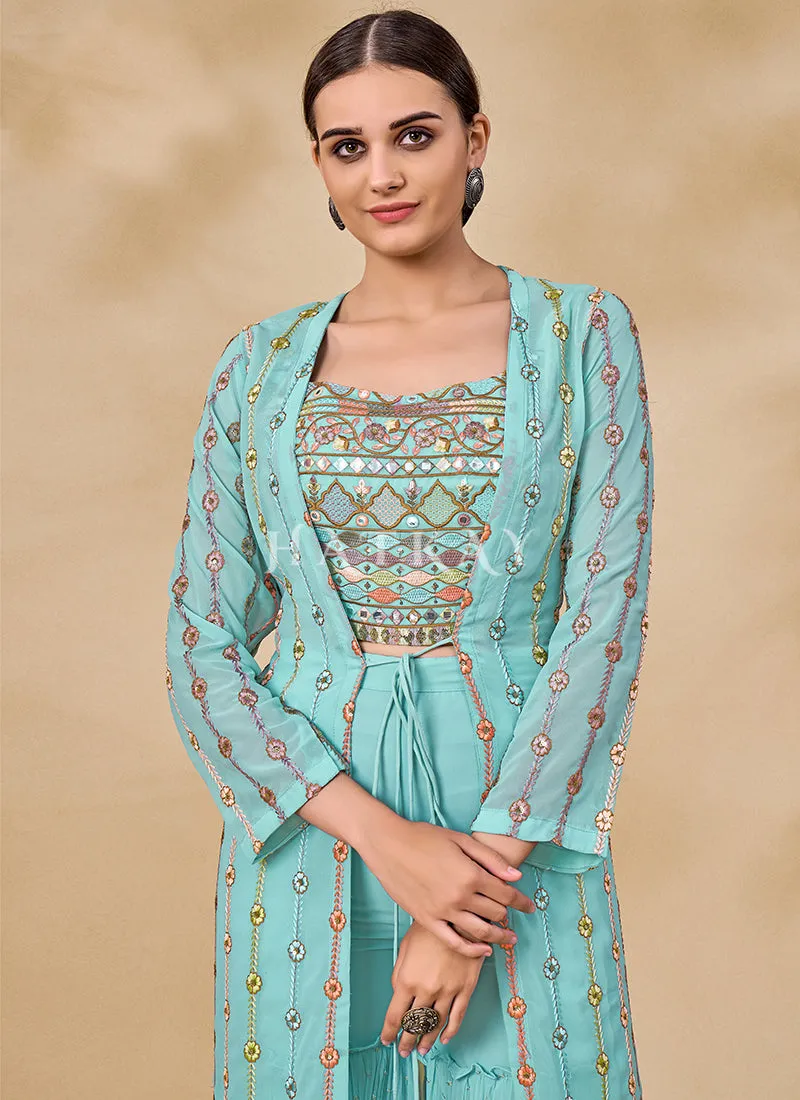 Sky Blue Multi Embroidered Jacket Style Sharara Suit