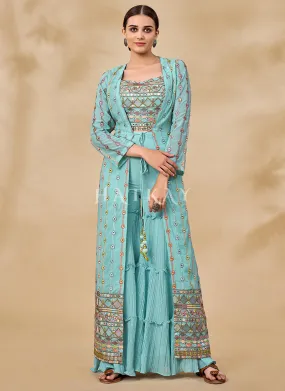 Sky Blue Multi Embroidered Jacket Style Sharara Suit