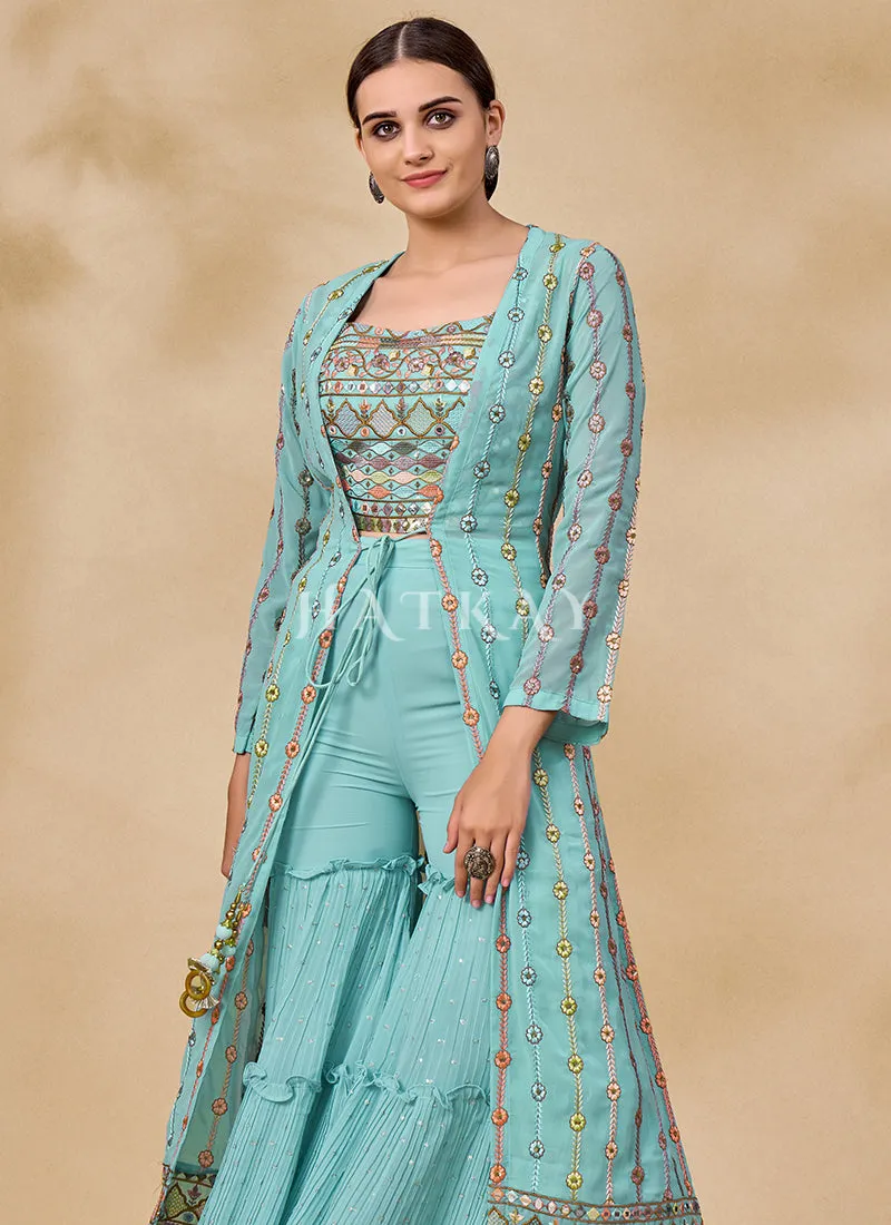 Sky Blue Multi Embroidered Jacket Style Sharara Suit