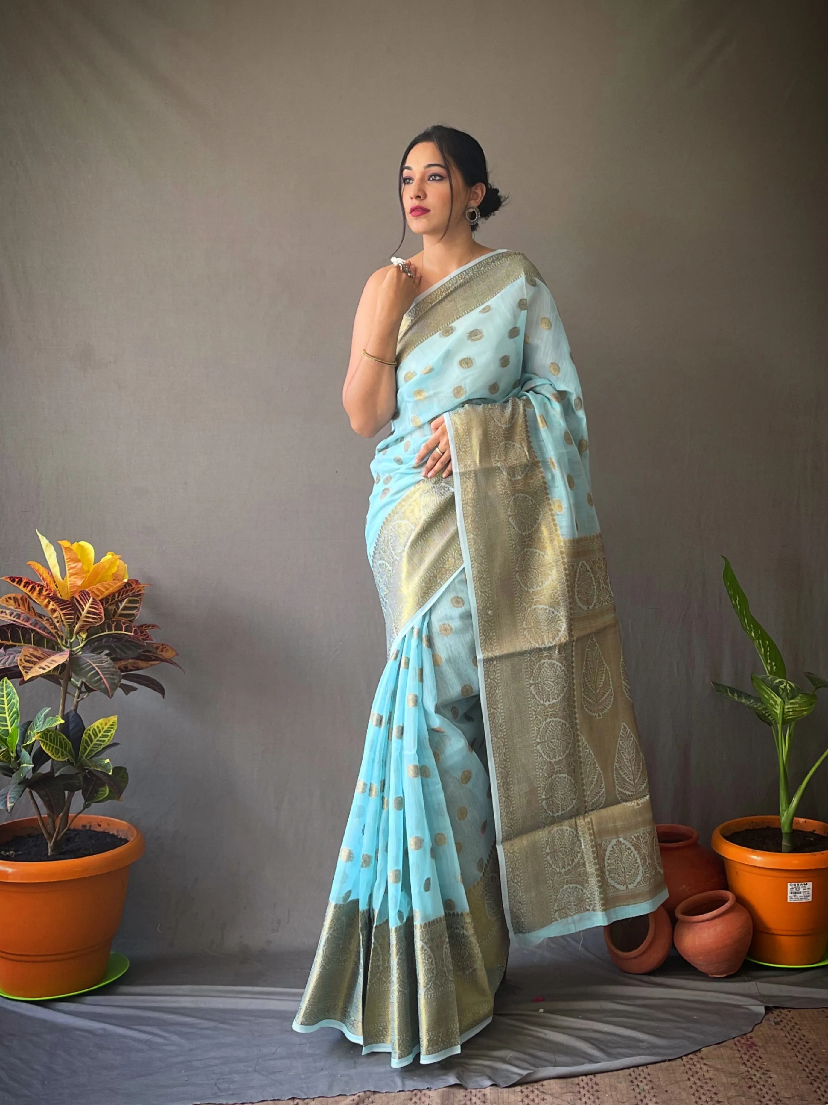 Sky Blue Saree in Linen Copper