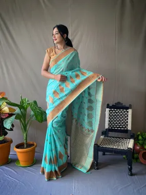 Sky Blue Saree in Pure Cotton Copper