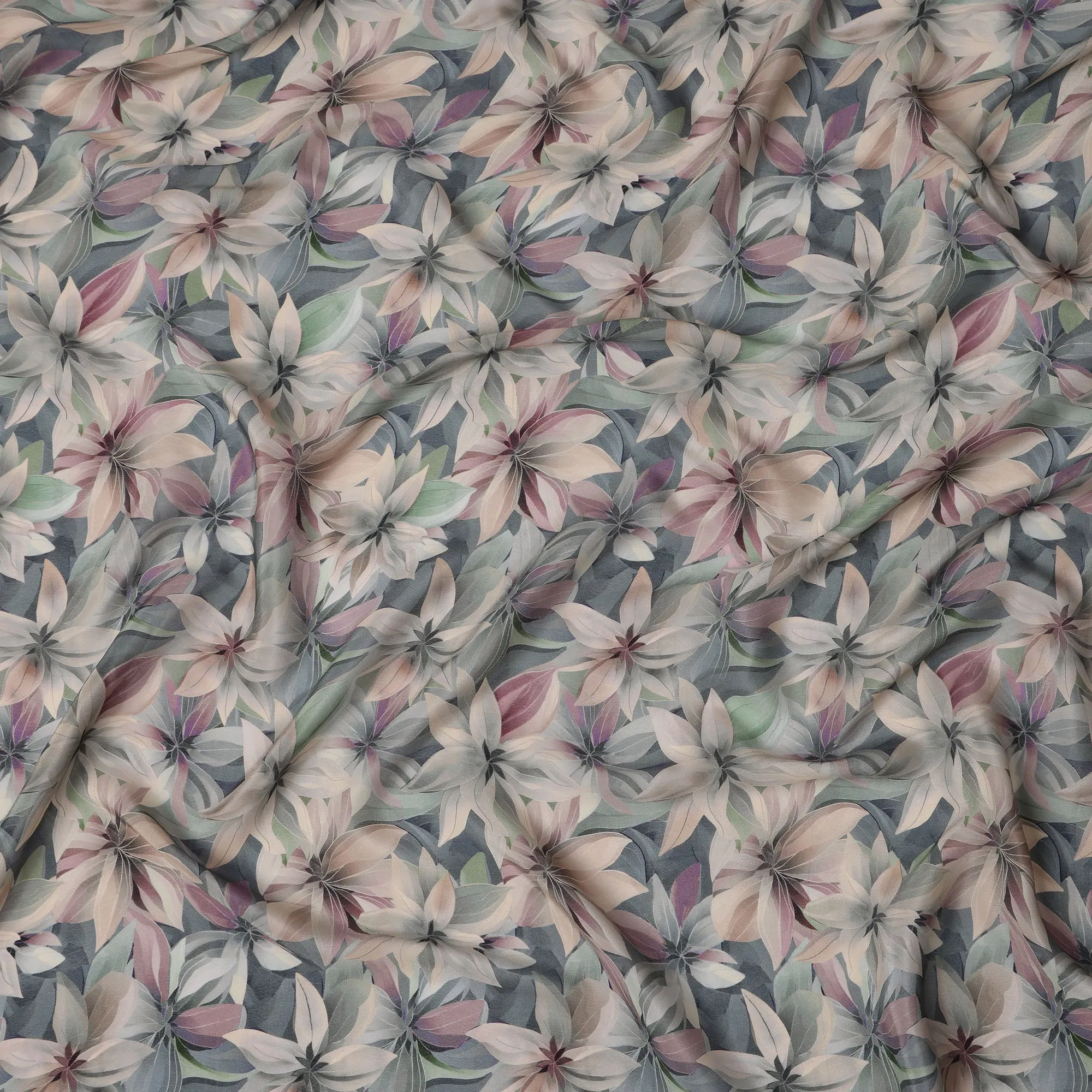 Slate Blue Viscose Digital Printed Fabric with Large Floral Design, 110 cm Width-D21319