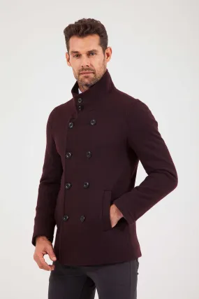 Slim Fit Notch Lapel Alpine Wool Gray Overcoat, Burgundy