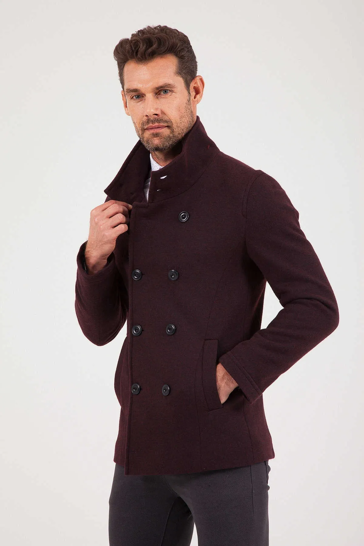 Slim Fit Notch Lapel Alpine Wool Gray Overcoat, Burgundy