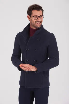 Slim Fit Notch Lapel Alpine Wool Gray Overcoat, Navy