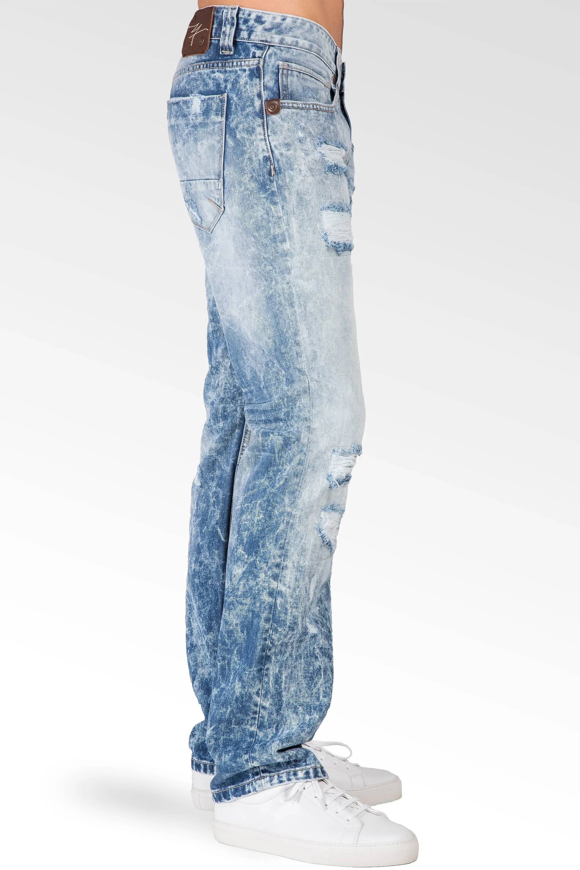 Slim Straight Cloud Blue Premium Denim Signature 5 Pocket Jeans Destroyed & Mended