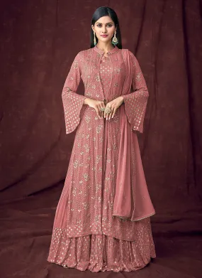 Soft Peach Embroidered Jacket Style Anarkali Lehenga Suit