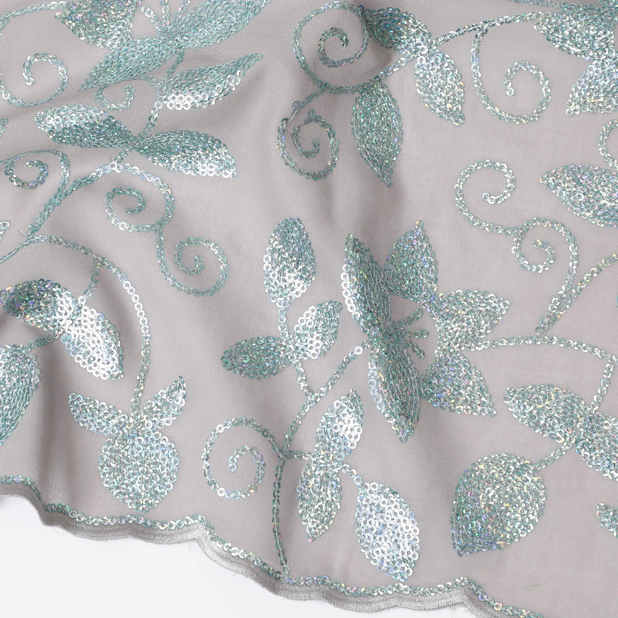 Sophisticated Silver Leaf Embroidery on Soft Taupe Cotton Voile Fabric - 140cm Width-4.5 Mtrs piece-D18608