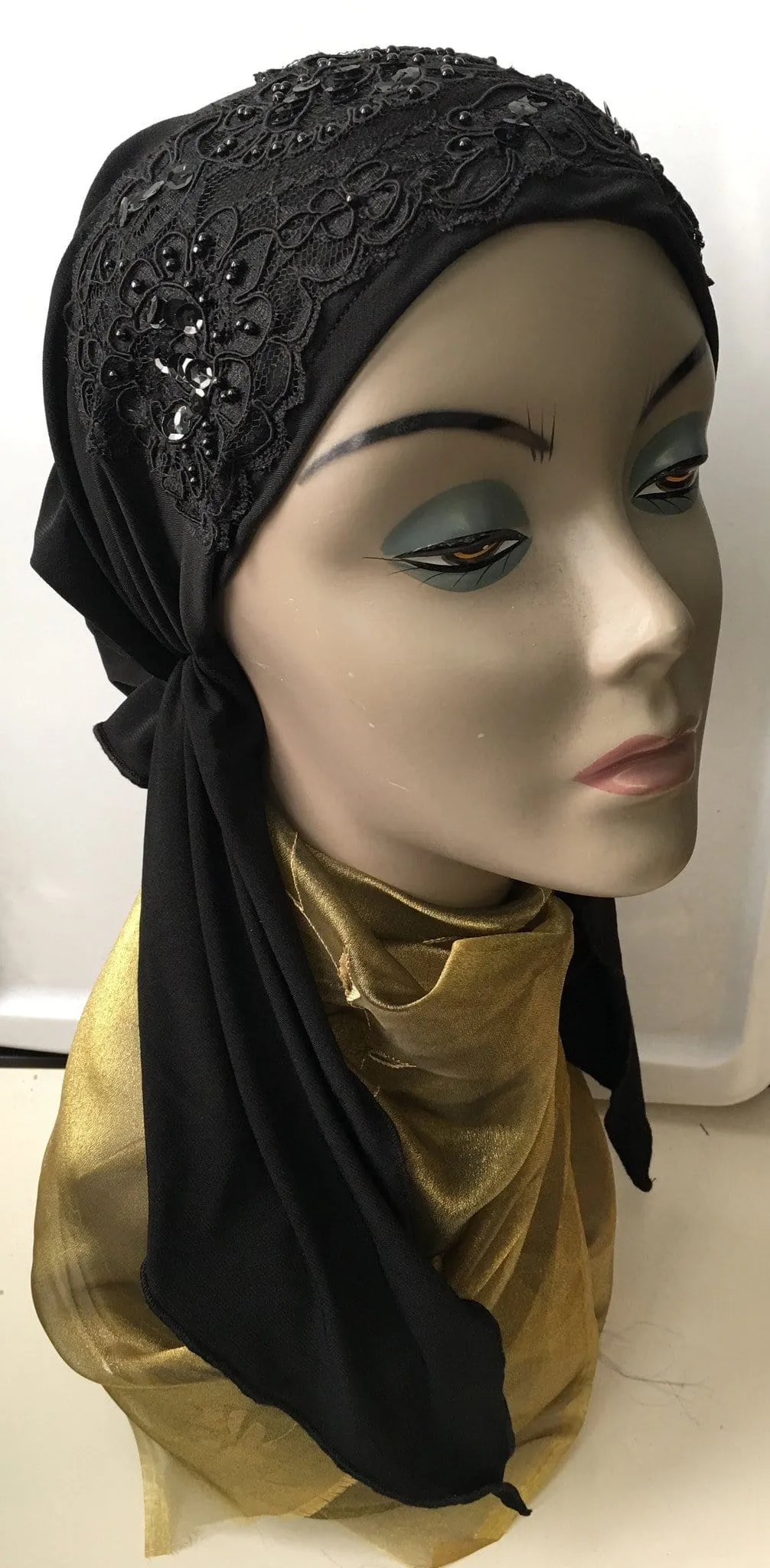 Sparkly Black Hijab Modern Stunning Black Lycra Pre Tied Scarf With Sparkle and Lace | Made in USA by Uptown Girl Headwear