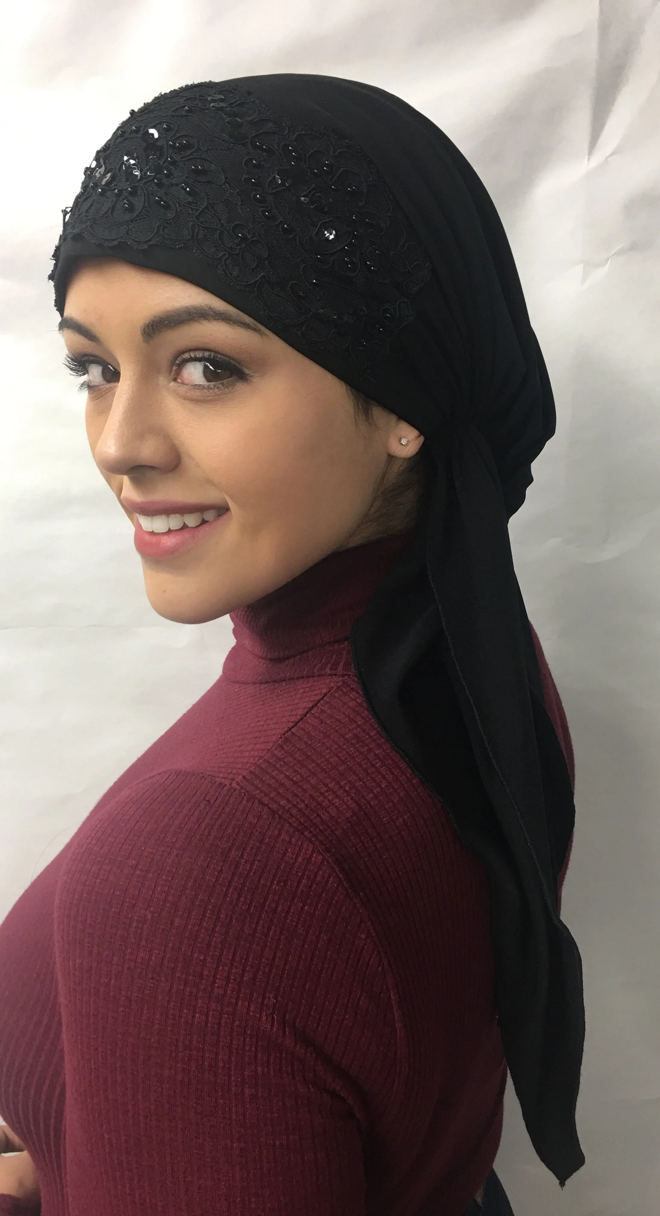 Sparkly Black Hijab Modern Stunning Black Lycra Pre Tied Scarf With Sparkle and Lace | Made in USA by Uptown Girl Headwear