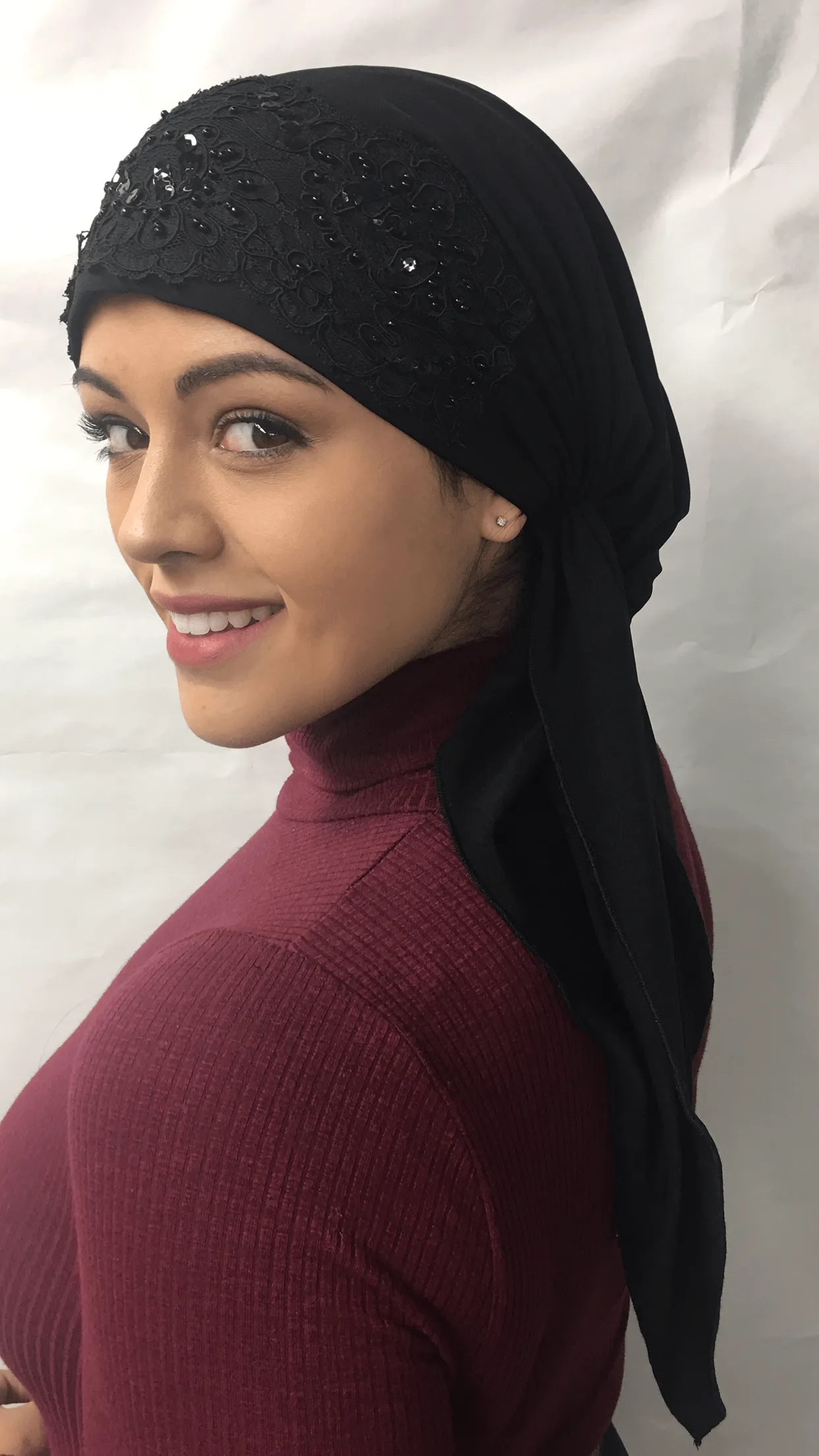 Sparkly Black Hijab Modern Stunning Black Lycra Pre Tied Scarf With Sparkle and Lace | Made in USA by Uptown Girl Headwear