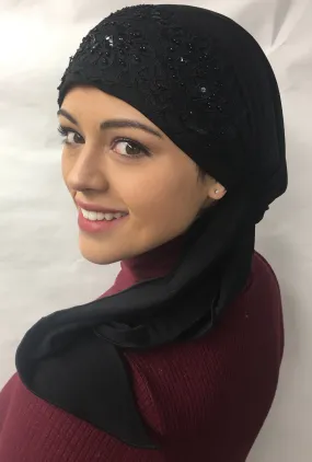 Sparkly Black Hijab Modern Stunning Black Lycra Pre Tied Scarf With Sparkle and Lace | Made in USA by Uptown Girl Headwear