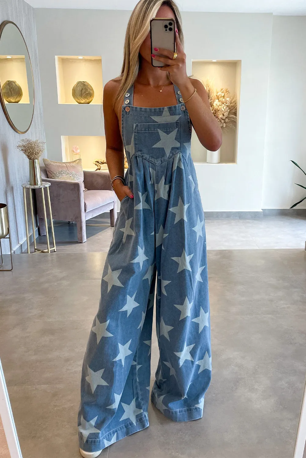 Star Print Buttoned Strap Pleat Wide Leg Denim Overall