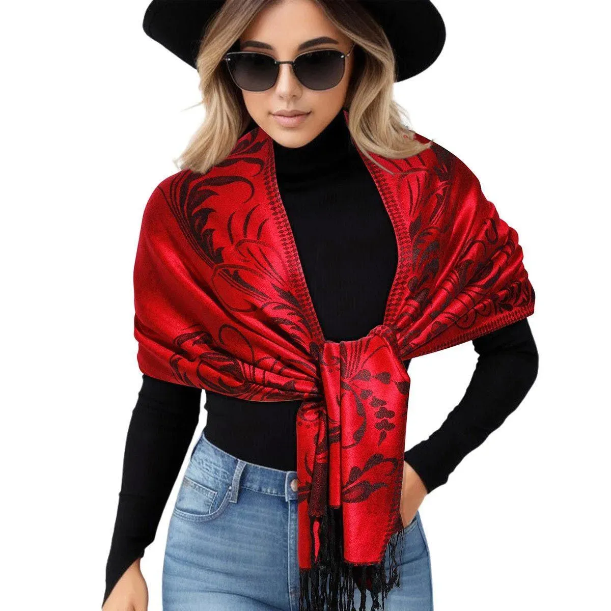 Step into timeless fashion with our Women's Pashmina Red Flower Fringe Scarf