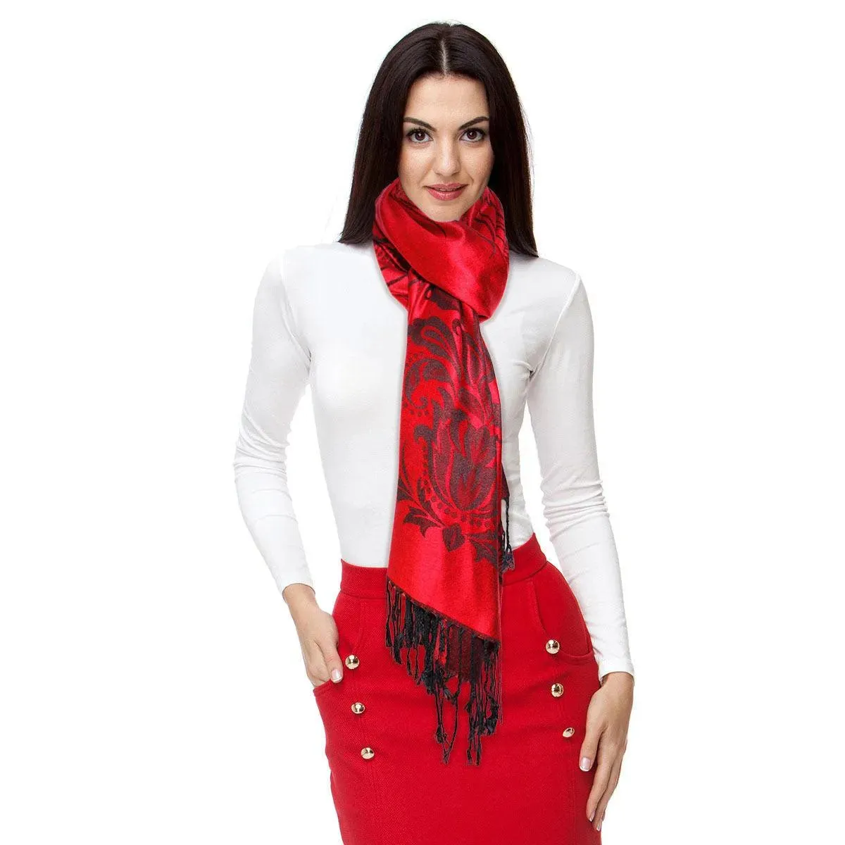 Step into timeless fashion with our Women's Pashmina Red Flower Fringe Scarf