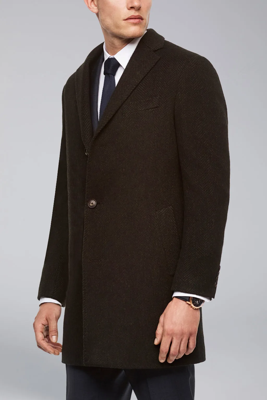 Stone Slim Fit Wool & Cashmere Overcoat - Navy-Olive Herringbone