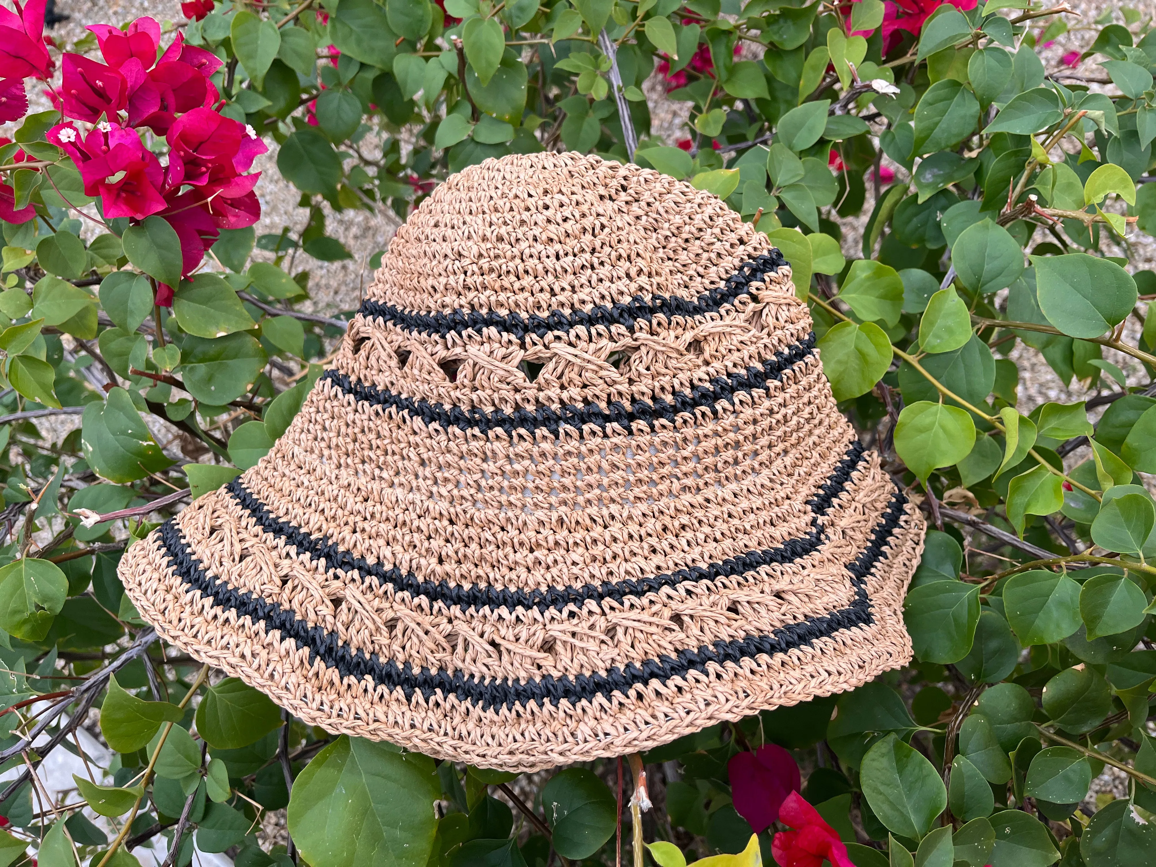 Striped Straw Crochet Knit Bucket Hat