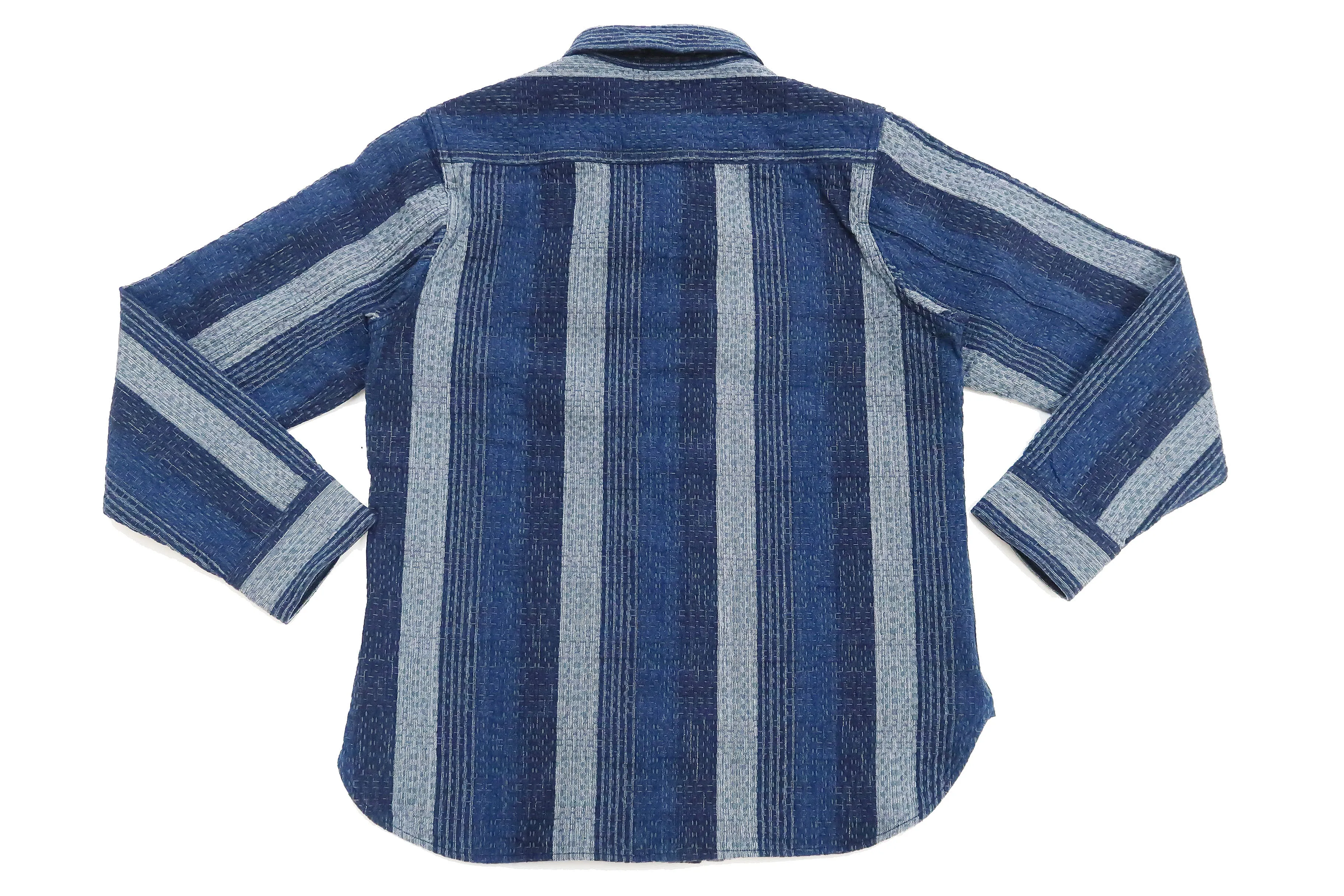 Studio D'artisan Shirt Men's Noragi Kasuri Sashiko Boro Style Long Sleeve Striped Shirt 5676 Navy-Blue