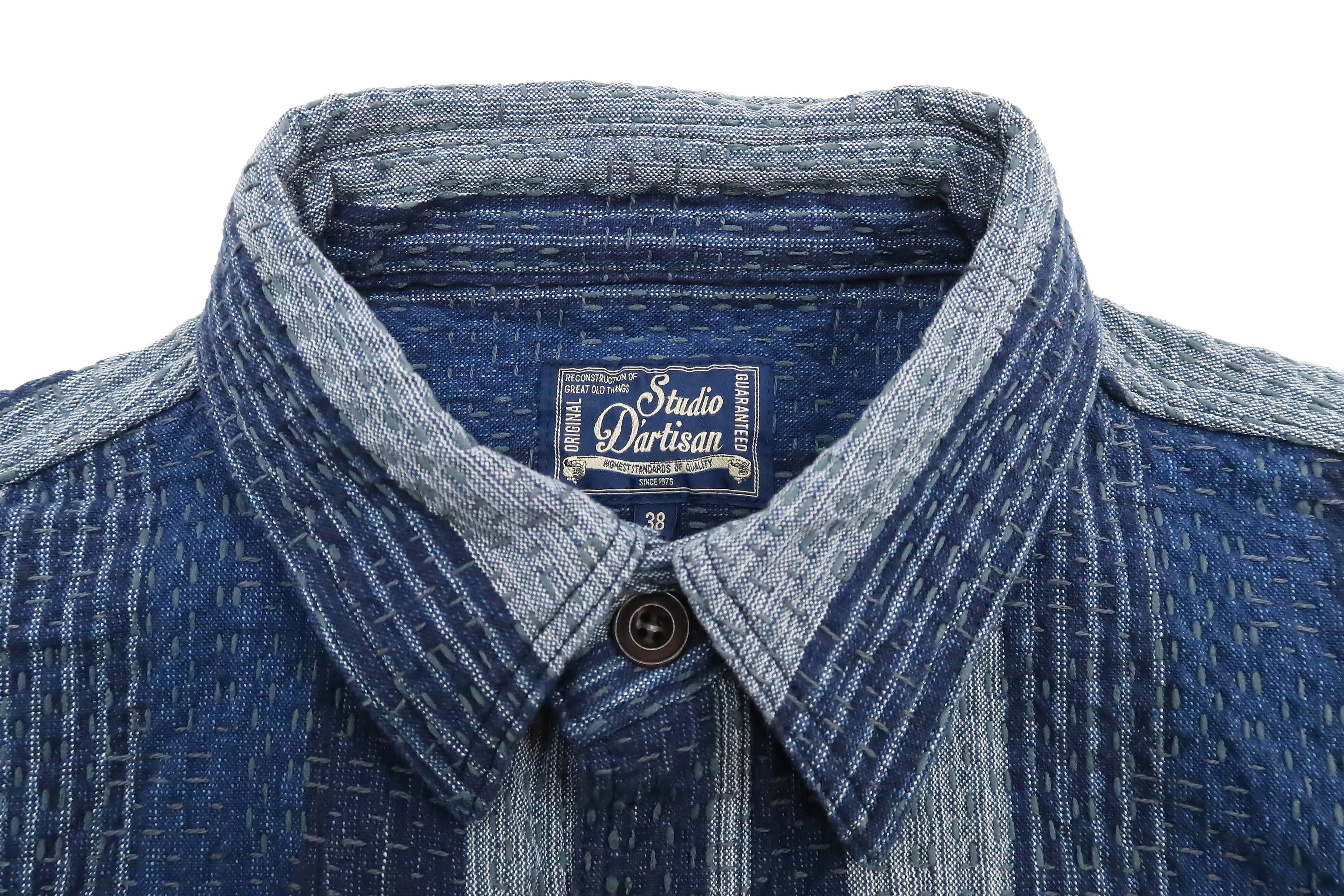 Studio D'artisan Shirt Men's Noragi Kasuri Sashiko Boro Style Long Sleeve Striped Shirt 5676 Navy-Blue