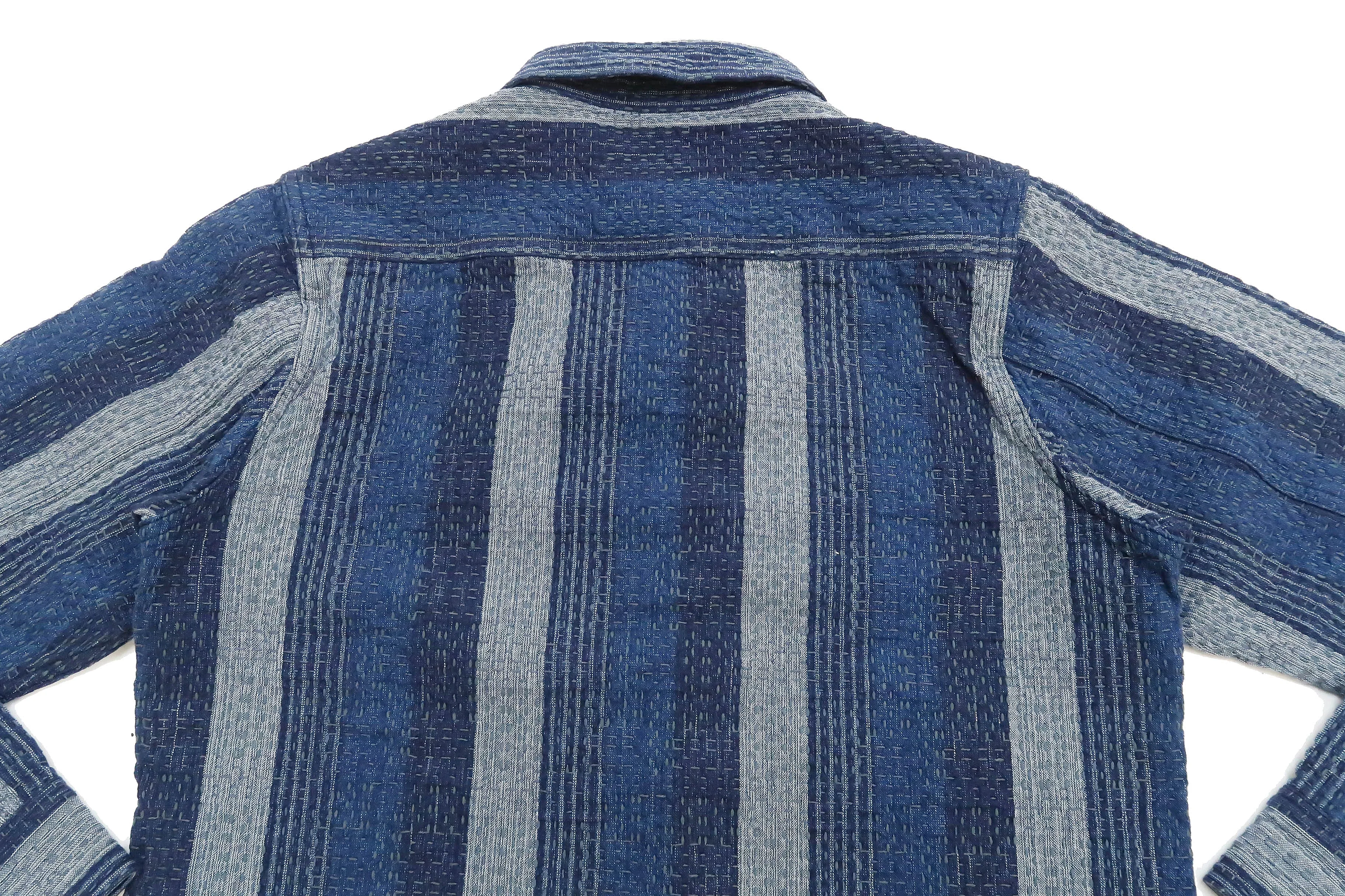 Studio D'artisan Shirt Men's Noragi Kasuri Sashiko Boro Style Long Sleeve Striped Shirt 5676 Navy-Blue