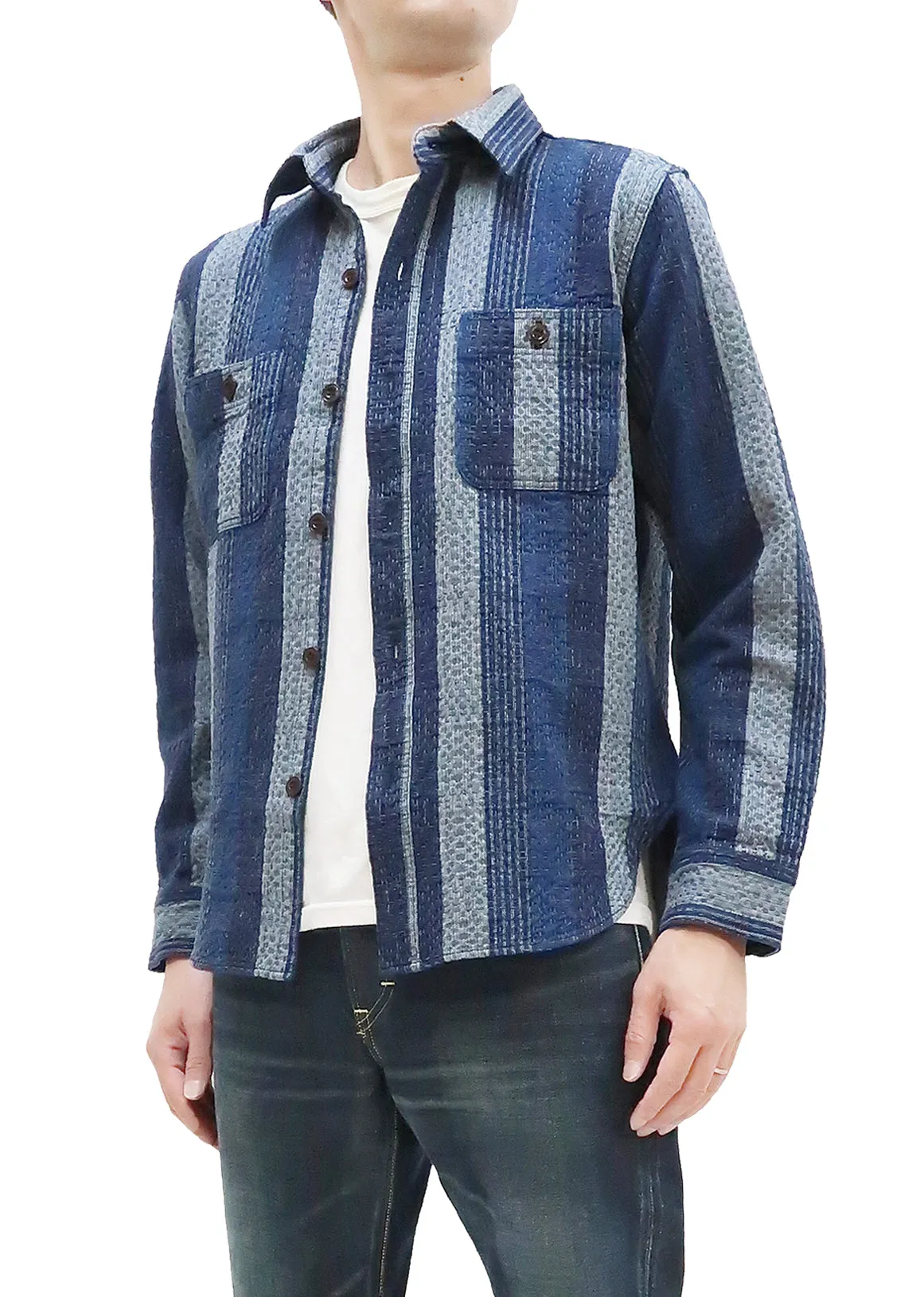 Studio D'artisan Shirt Men's Noragi Kasuri Sashiko Boro Style Long Sleeve Striped Shirt 5676 Navy-Blue