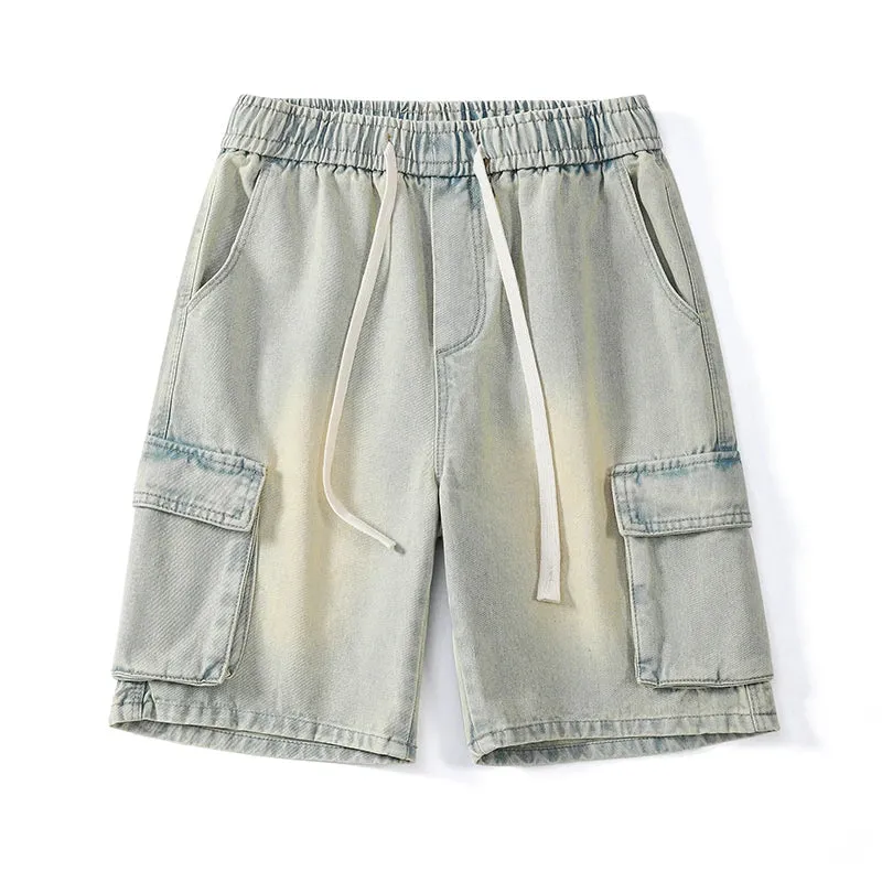 Summer Denim Shorts Men's Thin Straight Knee-length High Quality Shorts Elastic Waist Baggy Short Jeans Male Brand Clothes