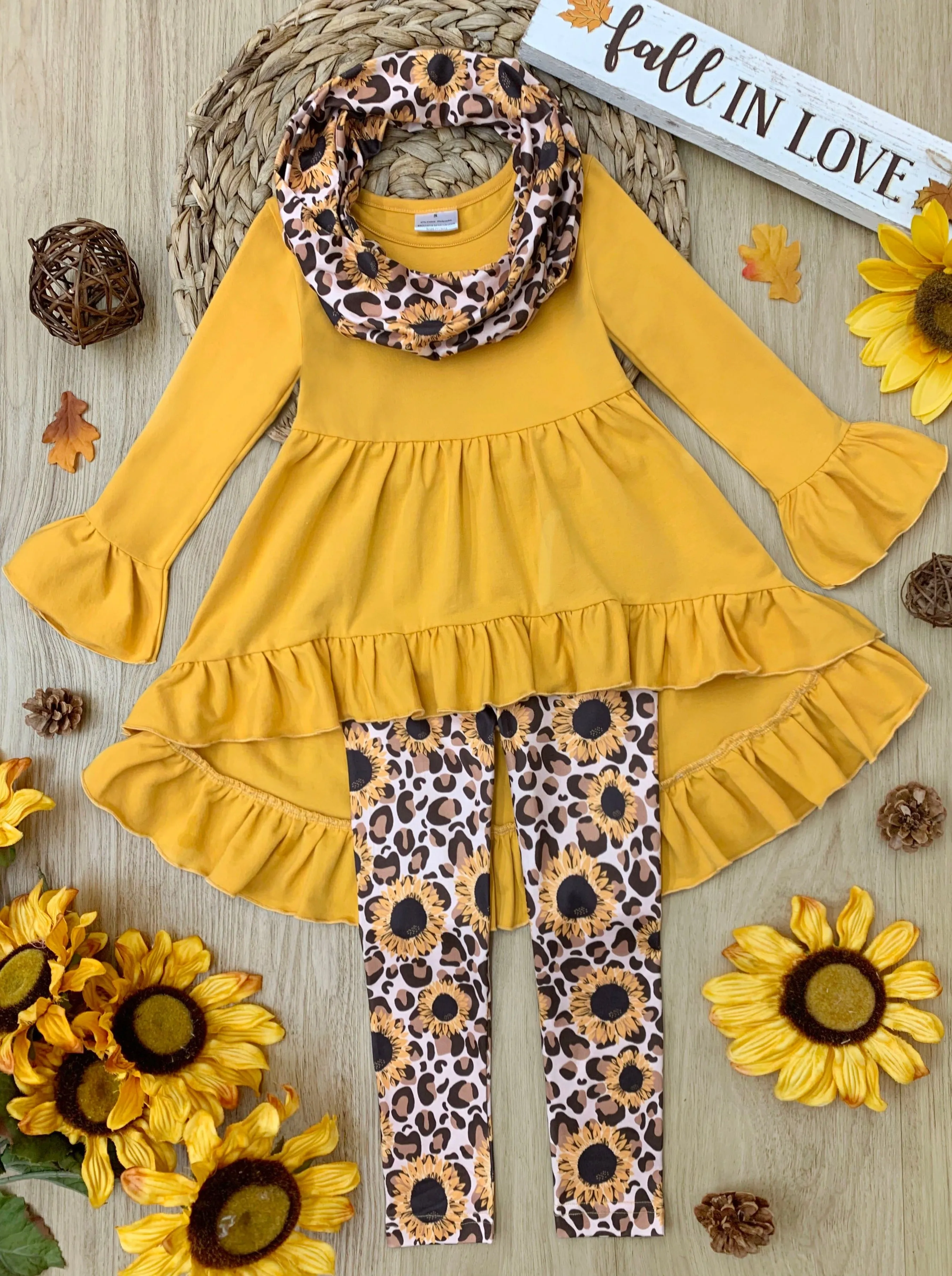 Sunflower Leopard Print Tunic, Legging And Scarf Set