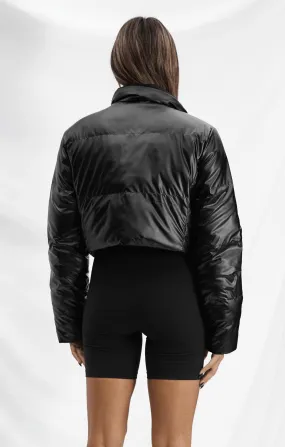 THE VEGAN PUFF™ REVERSIBLE CROP JACKET - PATENT/BLACK