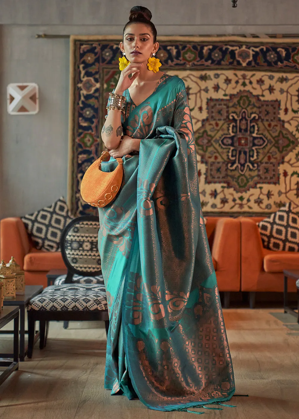 Tiffany Blue Copper Zari Handloom Weaving Silk Saree